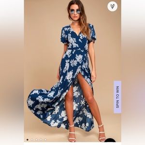 Lulus Heart of Marigold Navy Blue Floral Print Wrap Maxi Dress